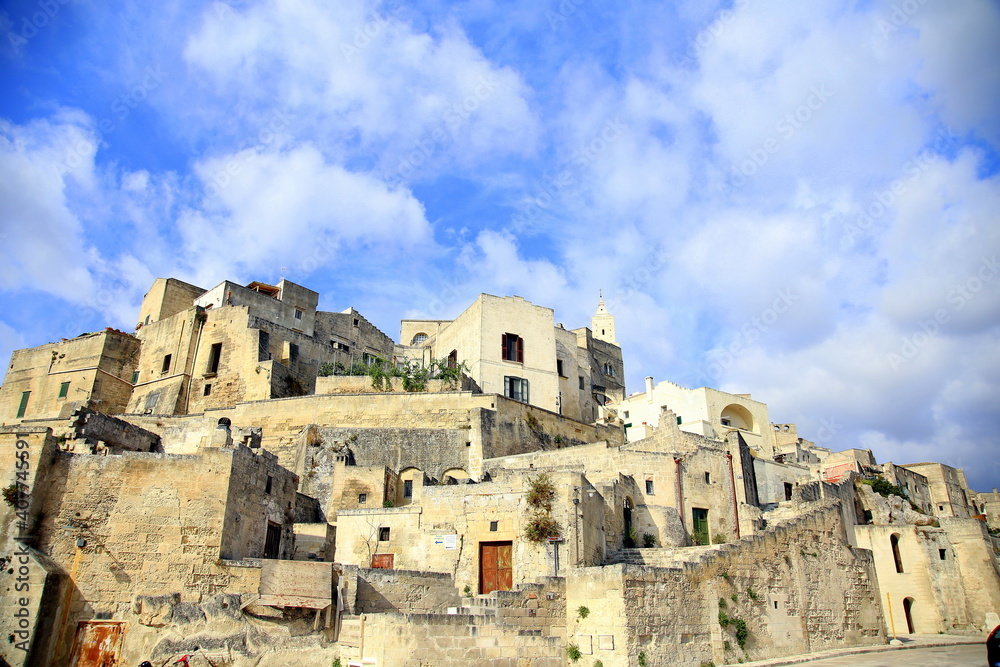 Blue sky over the structure of the houses of the Sasso Caveoso of Matera, European Capital of Culture 2019
