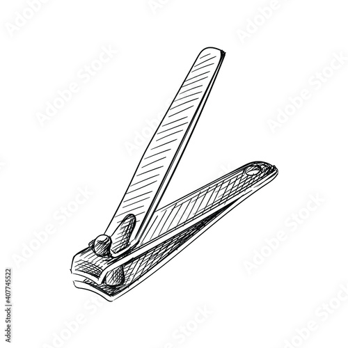 Hand drawn sketch of nail cutters on a white background. Manicure and pedicure tools. Nail care equipment