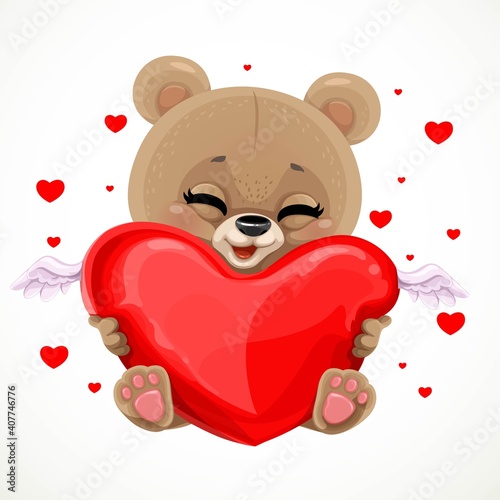 Cute cartoon baby bear hugs with love a big soft red heart sit on white background