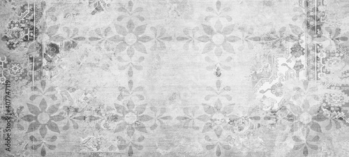 Old gray grey white vintage worn shabby patchwork floral flower leaves motif ...