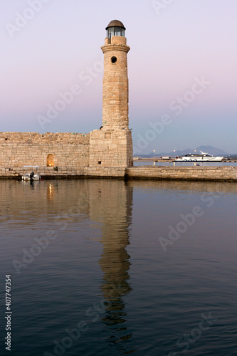 Crete - Egyptian lighthouse of the Venetian harbor of Rethymno at the night, second largest remaining Egyptian lighthouse in Crete. Greece 