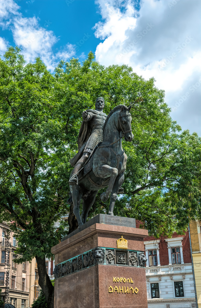 Lviv, Ukraine - July 12, 2019: Bronze statue of Prince Daniel Galytsky on the city square of Lviv, Ukraine. The architecture of an old European city. History of the principalities of Kyivan Rus