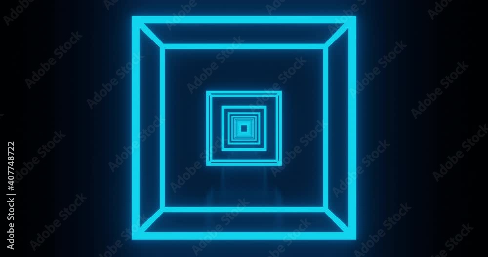 Animation of glowing neon blue squares moving on seamless loop on black background Animation of glowing neon blue squares moving on seamless loop on black background