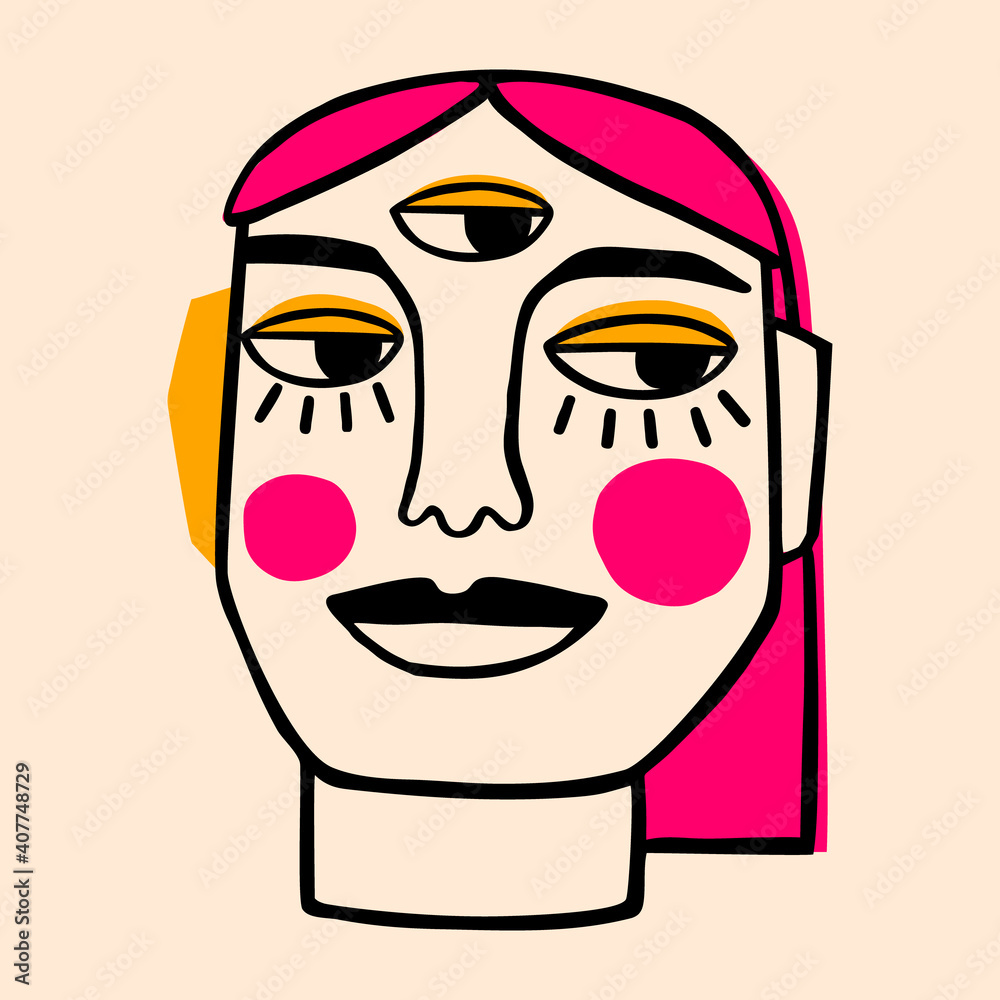 illustration of a person in Ink painting style. Surreal Face. Hand drawn portrait in modern abstract graphic style. illustration of a person in Ink painting style. Surreal Face. Hand drawn portrait in modern abstract graphic style.