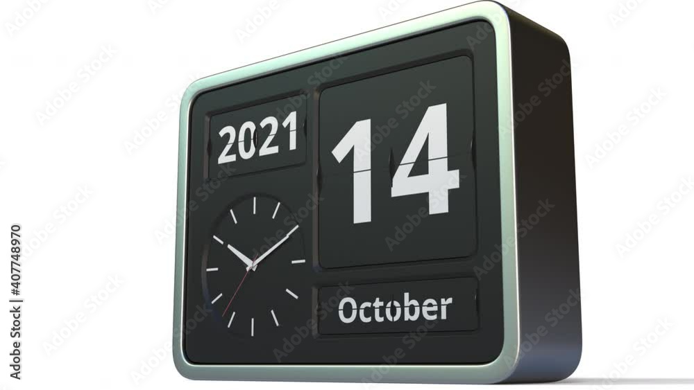 October 14 date on the retro flip clock calendar, 3d animation October 14 date on the retro flip clock calendar, 3d animation