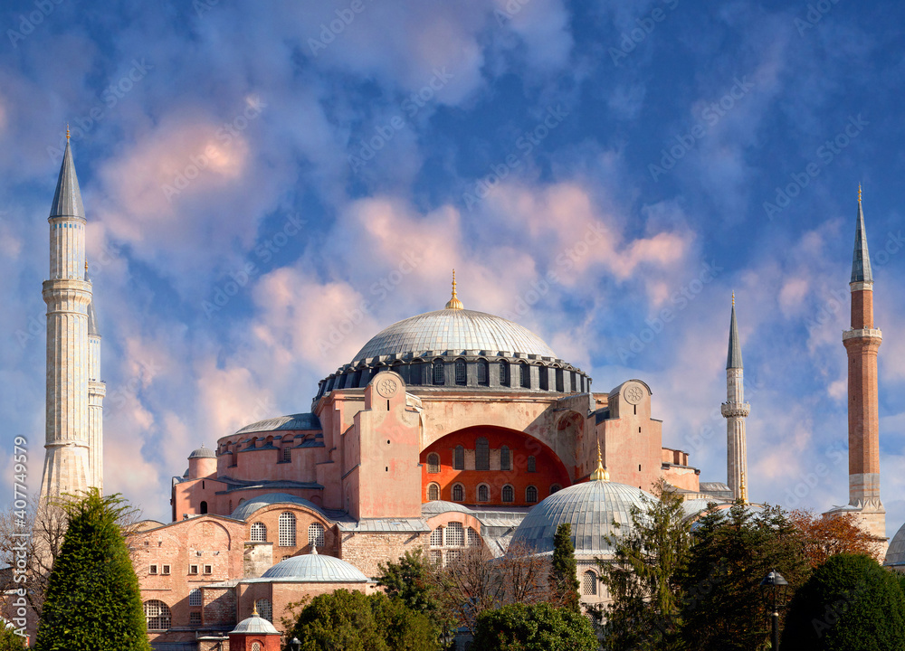 Exterior of famous ancient Hagia Sophia, Ayasofya temple in Sultanahmet district in Istanbul, Turkey