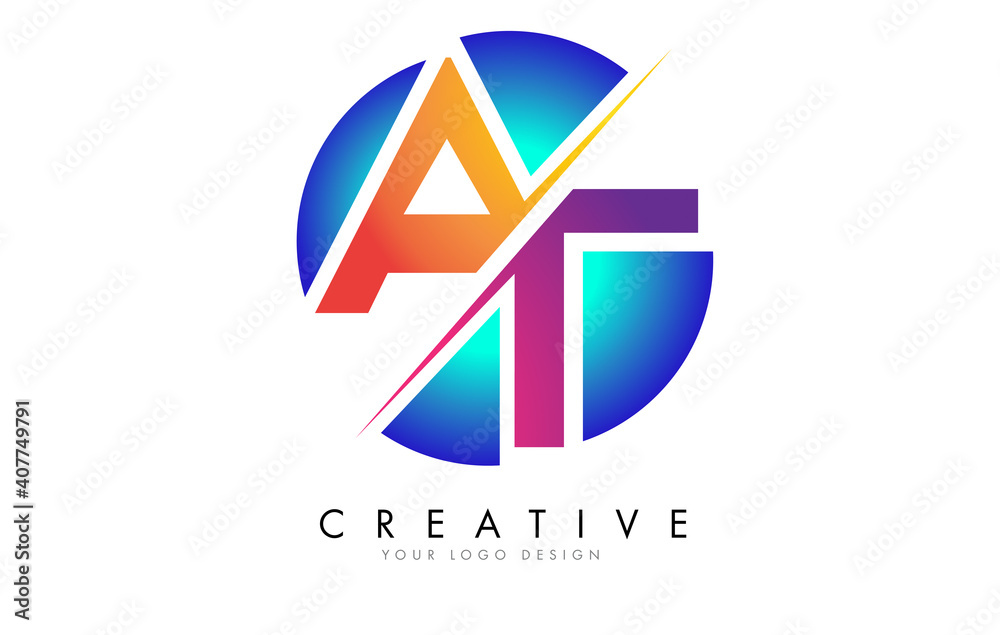Colorful AT A T Letter Logo Design with a Creative Cut and Gradient Blue Rounded Background. Colorful AT A T Letter Logo Design with a Creative Cut and Gradient Blue Rounded Background.
