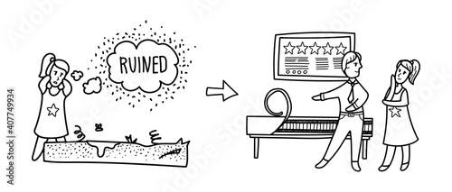 Hand drawn vector illustration of a girl and a salesman. Cute doodle of a woman bying new mattress isolated on white background.