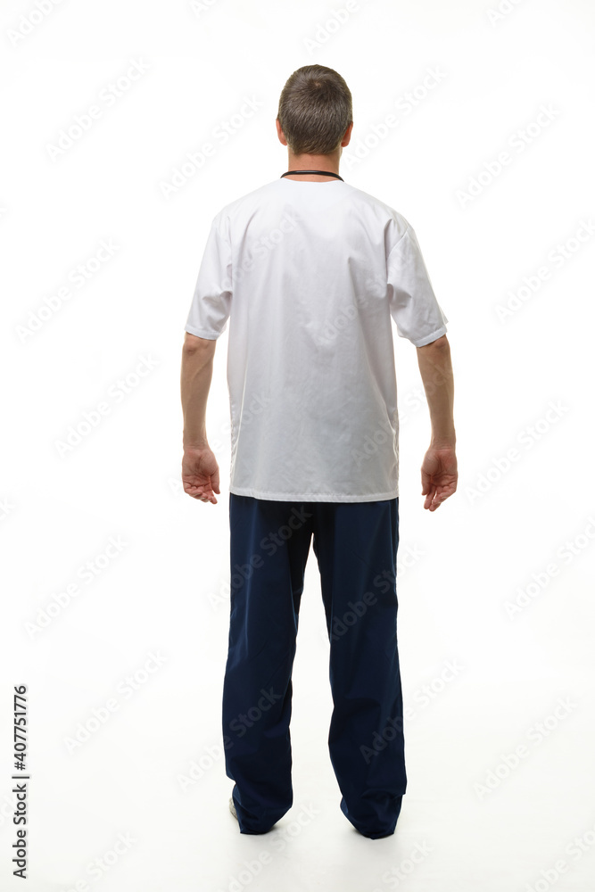 Man showing doctor's clothes, back view, isolated on white background Man showing doctor's clothes, back view, isolated on white background