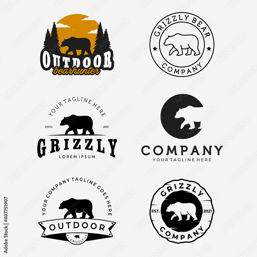 Fototapeta premium Set of Walking Bear Hunter Logo Vector Design, Emblem Bundle of Bear Grizzly Vintage and Line Art Illustration