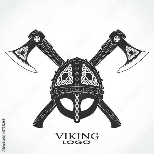 viking ornamental helmet with crossed axes heraldry logo design