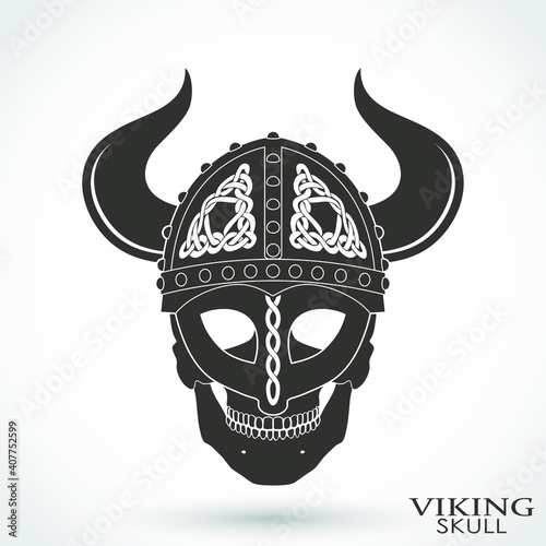 skull with horned viking helmet ornamental logo design