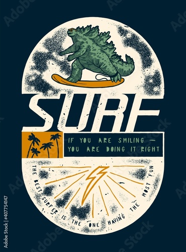 Japanese movie monster surfing. Vintage character typography t-shirt print for vacation and summer sports.