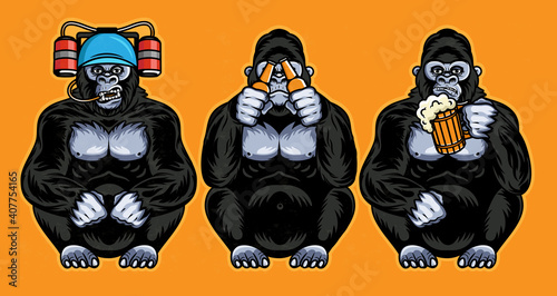 Three Wise Gorillas With Beer. Vector Illustration.