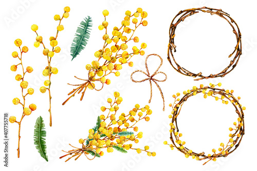 Spring bouquet of yellow mimosa flowers, a round wreath of twigs. Hand drawn watercolor illustration isolated on white background. Design of holiday products for Easter, International Women's Day.