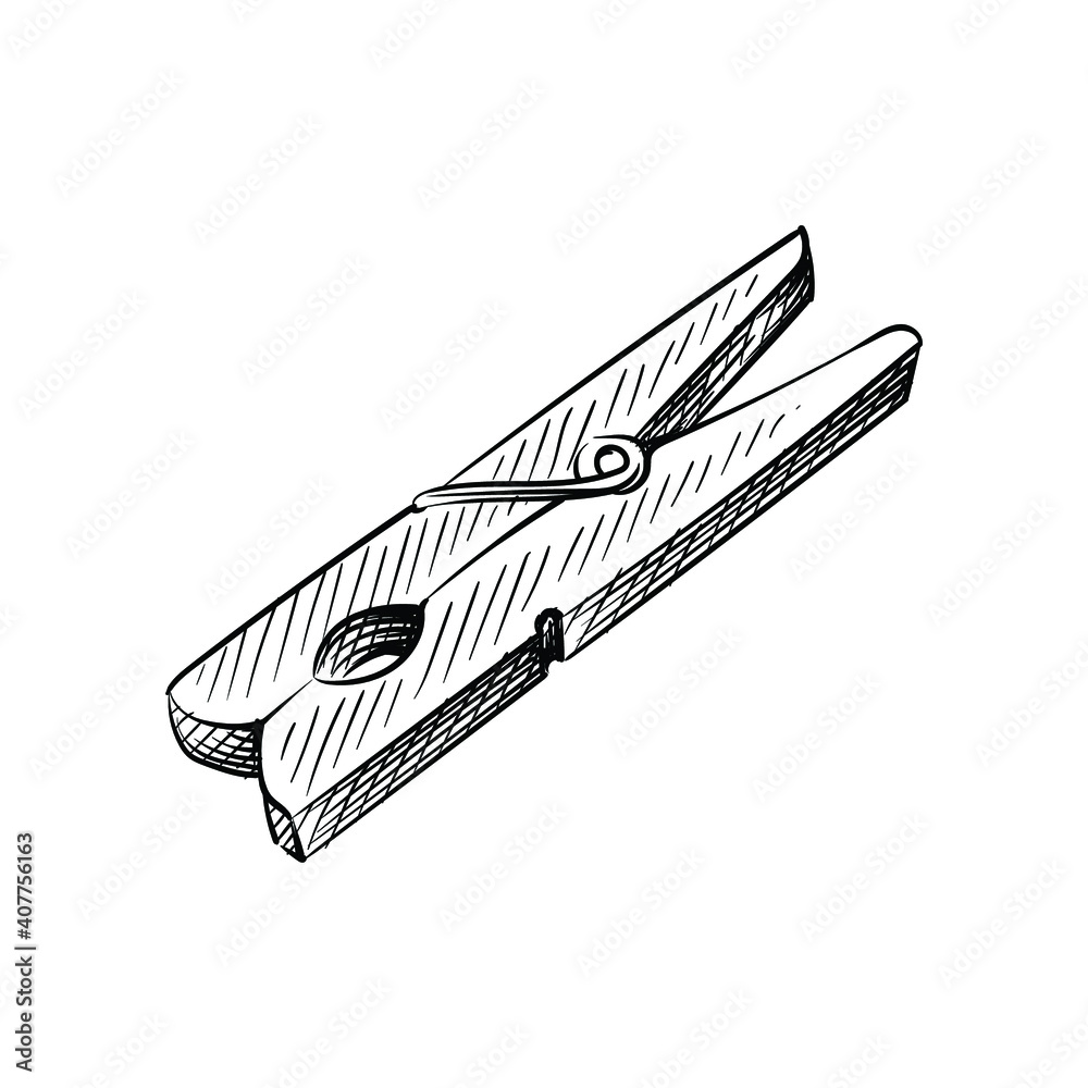 Hand drawn sketch of Clothespin on a white background. Laundry, clothes