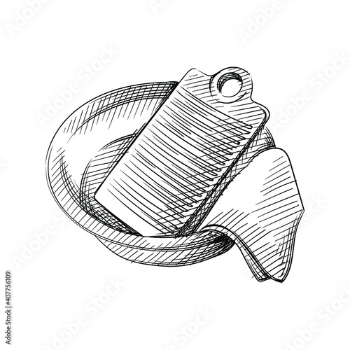 Hand drawn sketch of washing board, rag and water basin on a white background. Laundry, clothes washing routine