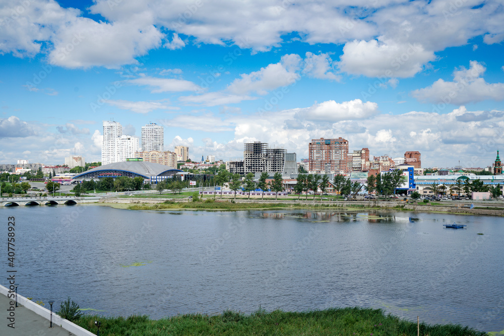 Chelyabinsk embankment Miass river in summer Panorama
