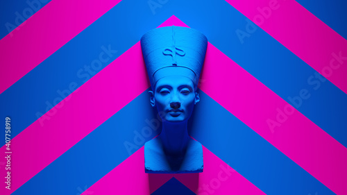 Foto Blue Bust of Nefertiti with Pink an Blue Chevron Background 3d illustration rend