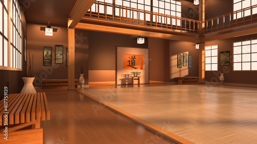 3D Illustration of a Japanese Karate School or Dojo. Public Domain Photos on Wall Courtesy of Library of Congress. Kanji Symbol means The Way. Fictional Location created without reference.