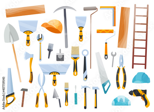 Builder instrument. Big flat icon collection of hand and power electric tools for construction workers. Set of master tools used for wood, metal, plastic, stone, concrete and other materials