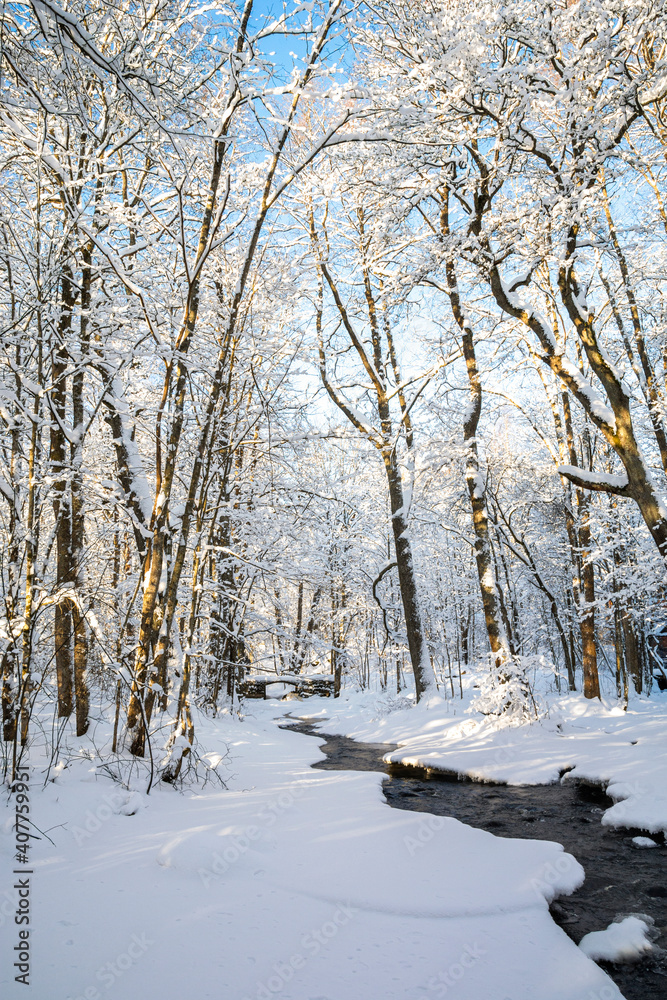 Mankinjoki rapids area in winter, Espoonkartano, Espoo, Finland