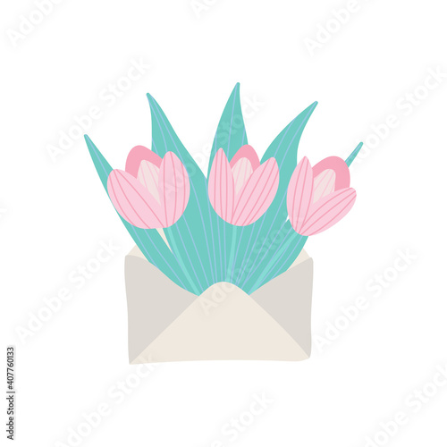 Bouquet of spring flowers in the envelope. Vector greeting card.