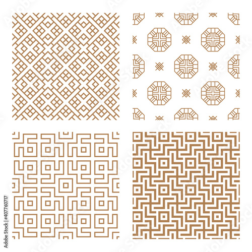 Set geometric asian abstract seamless vector pattern including traditional korean or chinese motive with typical lines and elements