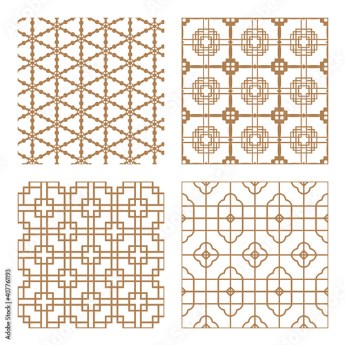 Set geometric asian abstract seamless vector pattern including traditional korean or chinese motive with typical lines and elements