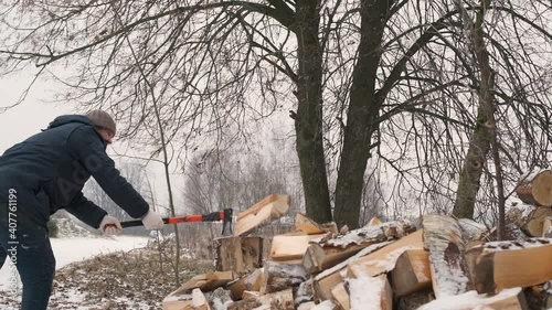 A man chops wood with an ax.