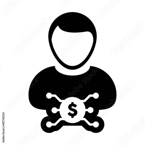 Banking icon vector digital dollar currency with male user person profile avatar for digital wallet in a glyph pictogram illustration