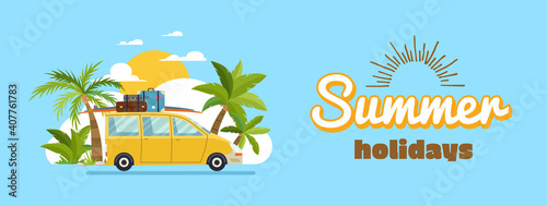Happy family driving in car on weekend holiday, summer holidays, planning summer vacations, travel by car, summer holiday, Tourism and vacation theme. Flat design illustration.