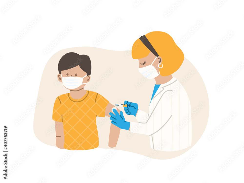 Doctor or nurse injects vaccine. Patient is a child or teenager, boy. Flu vaccination concept. Coronavirus vaccine. Vector flat illustration EPS 10. Doctor or nurse injects vaccine. Patient is a child or teenager, boy. Flu vaccination concept. Coronavirus vaccine. Vector flat illustration EPS 10.