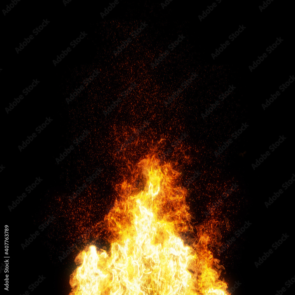 fire in the night.  fire pit with large flames and embers. 3D render
