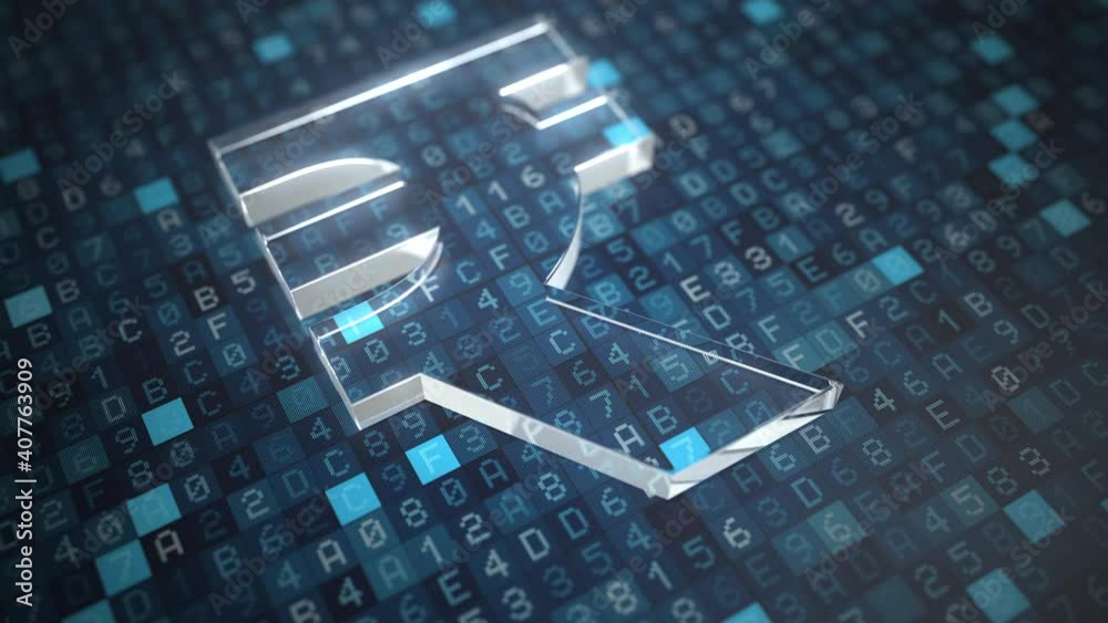 Rupee symbol on a blue computer screen background. Fintech or modern digital currency concepts