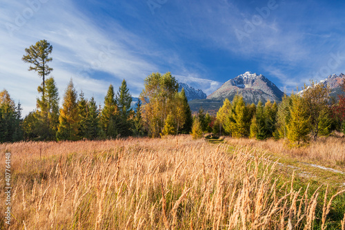 Obraz na płótnie Beautiful autumn day and colorful tree in High Tatras panorama mountains,Slovakia w salonie