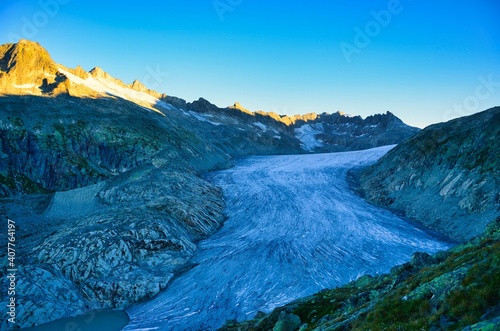  fantastic view of the great rhone glacier and the mountains in the canton of valais. Eternal ice near the Furka Pass, Switzerland. Viewpoint