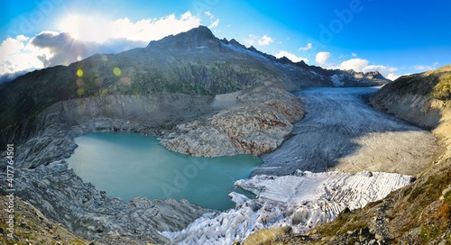  fantastic view of the great rhone glacier and the mountains in the canton of valais. Eternal ice near the Furka Pass, Switzerland.Viewpoint. Panorama