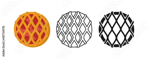 Icon sweet braided pie with jam, bread line and black glyph, cartoon sign set. Hand drawn sketch fresh round bun bakery. Shop flat food design. Icon packaging label, vector food app, website