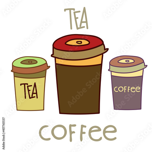Isolated vector illustration design set of lined ornamental tea and coffee cup on the go