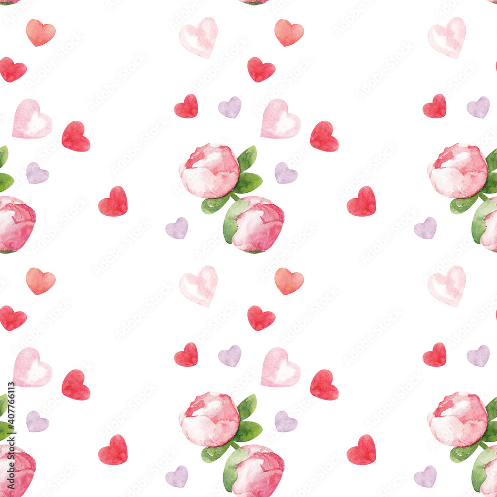 Watercolor pattern. Hand painted flowers, hearts on a white background. Suitable for backgrounds, wallpapers, cards, posters, packaging for Valentine's Day.