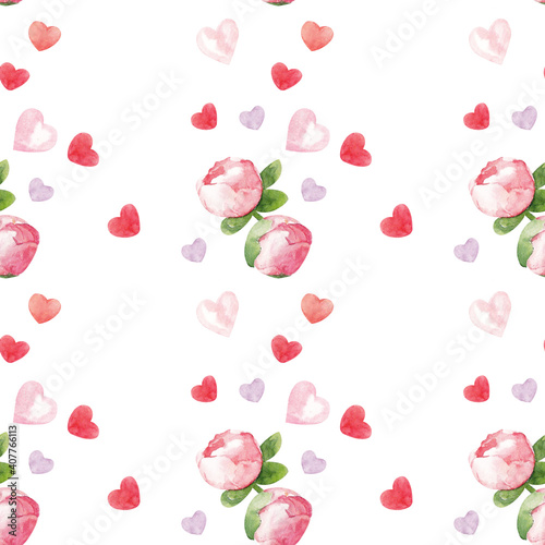 Watercolor pattern. Hand painted flowers, hearts on a white background. Suitable for backgrounds, wallpapers, cards, posters, packaging for Valentine's Day.