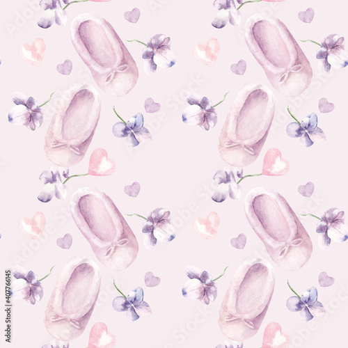Watercolor pattern. Hand painted slippers, flowers, hearts on a pink background. Suitable for backgrounds, wallpapers, cards, posters, packaging, as an invitation to Valentine's Day or a pajama party. © Анастасия Гусарова