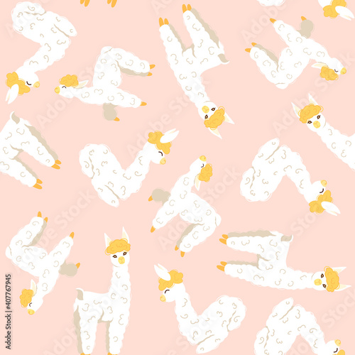 seamless pattern with cute white baby llamas on pink background