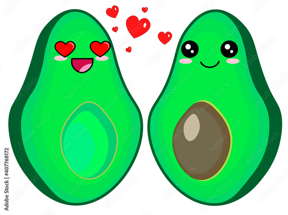 Two cute cartoon avocado slices looking at each other with loving eyes. Valentine's day greeting card. Avocadas are green with emoji faces, hearts are flying around. Two cute cartoon avocado slices looking at each other with loving eyes. Valentine's day greeting card. Avocadas are green with emoji faces, hearts are flying around.