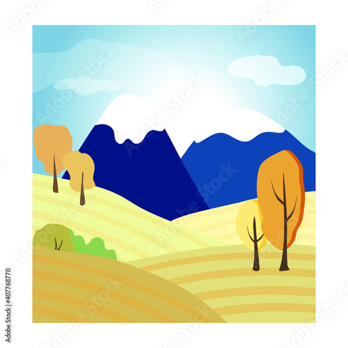 Vector landscape. Fields  trees and mountains. Sunrise. Flat style. Warm palette. Mountains in the snow. Suitable for postcards  posters and interior decoration.