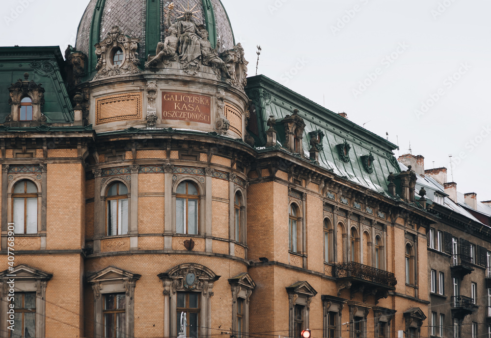 Fototapeta premium LVIV, UKRAINE - January 23,2020: Old building of the Galician Savings Bank in Lviv - savings and loan cooperative in 1844,transformed into a central savings bank in 1938.Eastern European architecture.