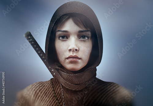 beautiful ninja warrior character with sword portrait