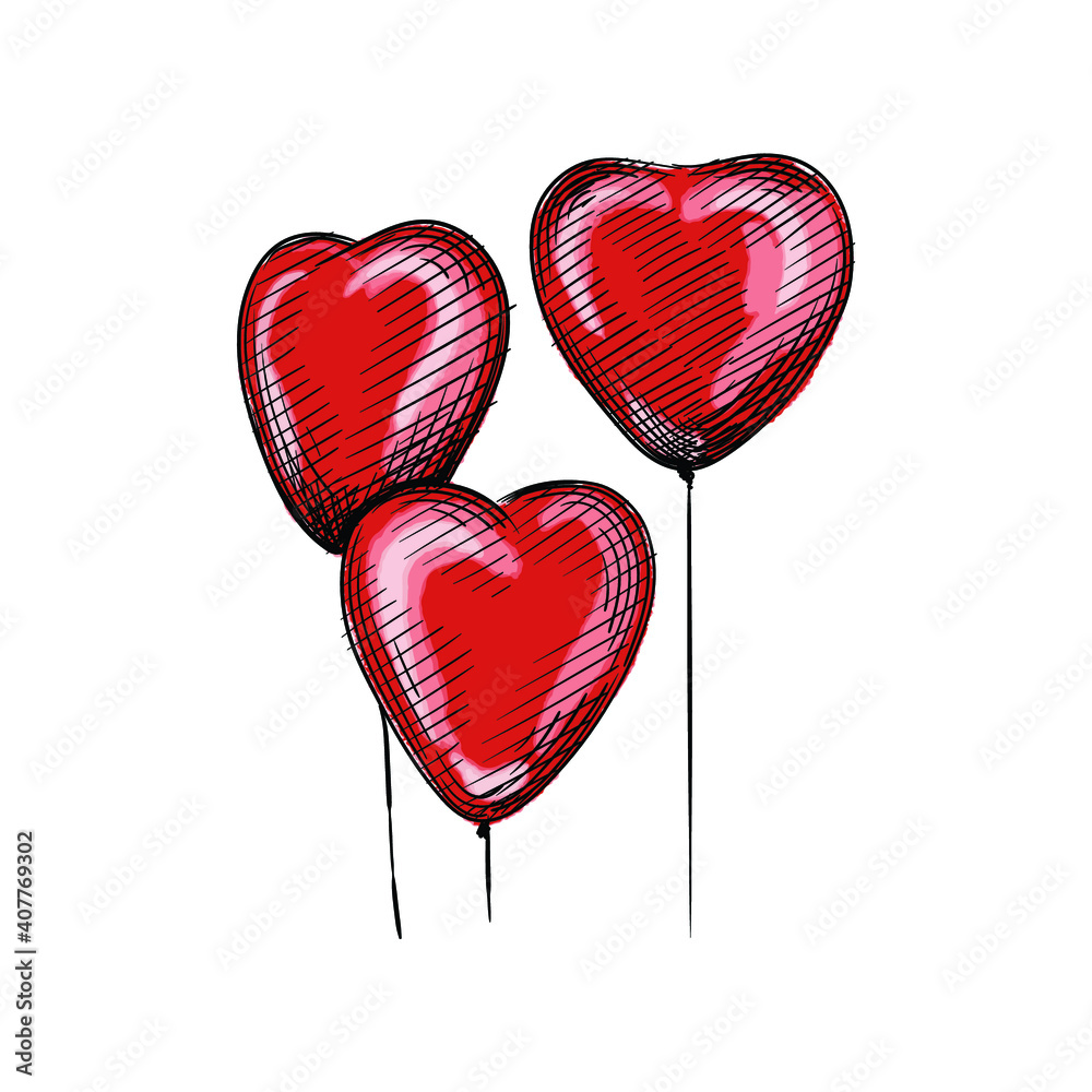 Watercolor colorful Hand drawn sketch of heart balloons on a white background. Valentine's Day. February 14. Love and romance. Cute balloons in heart shape for Valentine's day	
