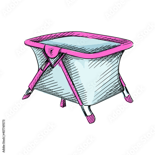 Watercolor colorful Hand drawn sketch of playpen for babies on a white background. Black and white sketch of foldable playpen for kids. Baby items.	